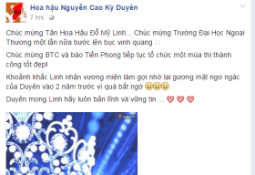 Hoa hậu Kỳ Duyên chúc mừng tân Hoa hậu Việt Nam 2016 qua facebook