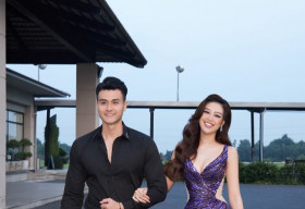 Hoa hậu Khánh Vân diện đầm tím quyến rũ, sánh đôi cùng siêu mẫu Vĩnh Thuỵ