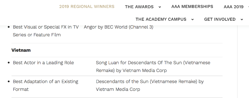 Giải thưởng công bố trên trang chủ của AAA Song Luân của Hậu Duệ Mặt Trời sẽ tham dự lễ trao giải AAA vào tháng 12 tại singapore