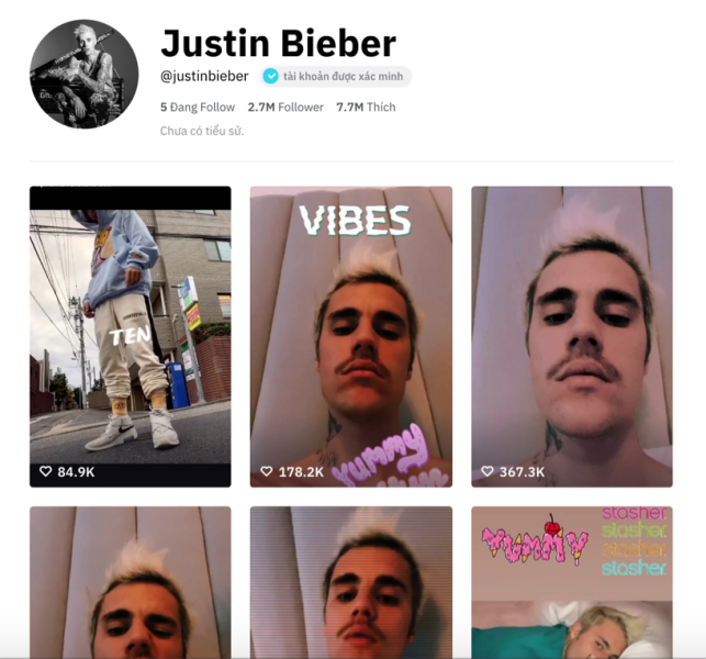 Tài khoản TikTok của Justin Bieber Tài khoản TikTok của Justin Bieber cán mốc 2,3 triệu followers sau chưa đầy 10 ngày