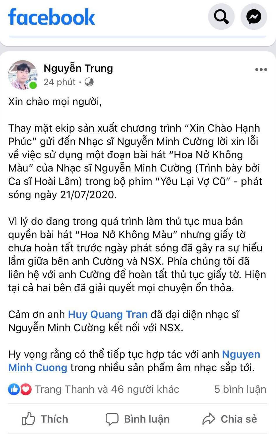 Đại diện công ty Vietcom Film đính chính về sự việc NSX series phim Xin Chào Hạnh Phúc phản hồi những thông tin về bản quyền nhạc phim