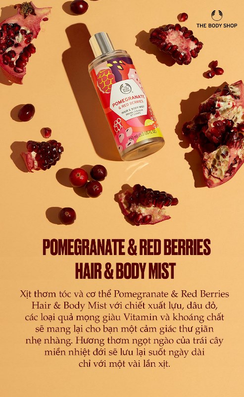 POSTCARD POMEGRANATE The Body Shop giới thiệu BST xịt thơm cho tóc và cơ thể mới
