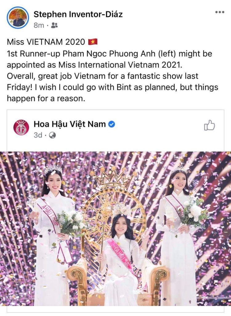Post ông Stephen Giám đốc truyền thông Miss International khen ngợi vẻ đẹp của Á hậu Phương Anh