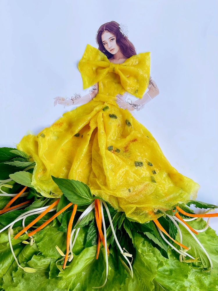 Bảo Hà diện váy bánh xèo0 Bảo Hà lộng lẫy khoác lên BST làm từ bánh xèo, bánh lá mít của NTK Nguyễn Minh Công