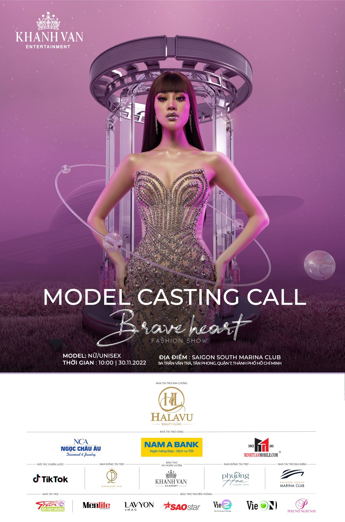 Poster Model Casting Call Brave Heart Fashion Show 2022 Khánh Vân tuyển chọn người mẫu trình diễn cho Brave Heart Fashion Show 2022