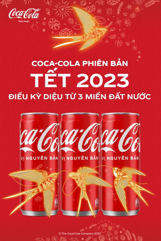 Bộ sản phẩm Tết 2023 của Coca Cola với 3 thiết kế én vàng tượng trưng cho 3 miền Bắc Trung Nam  Coca Cola khởi động chiến dịch Tết 2023: Tết dẫu đổi thay, diệu kỳ vẫn ở đây