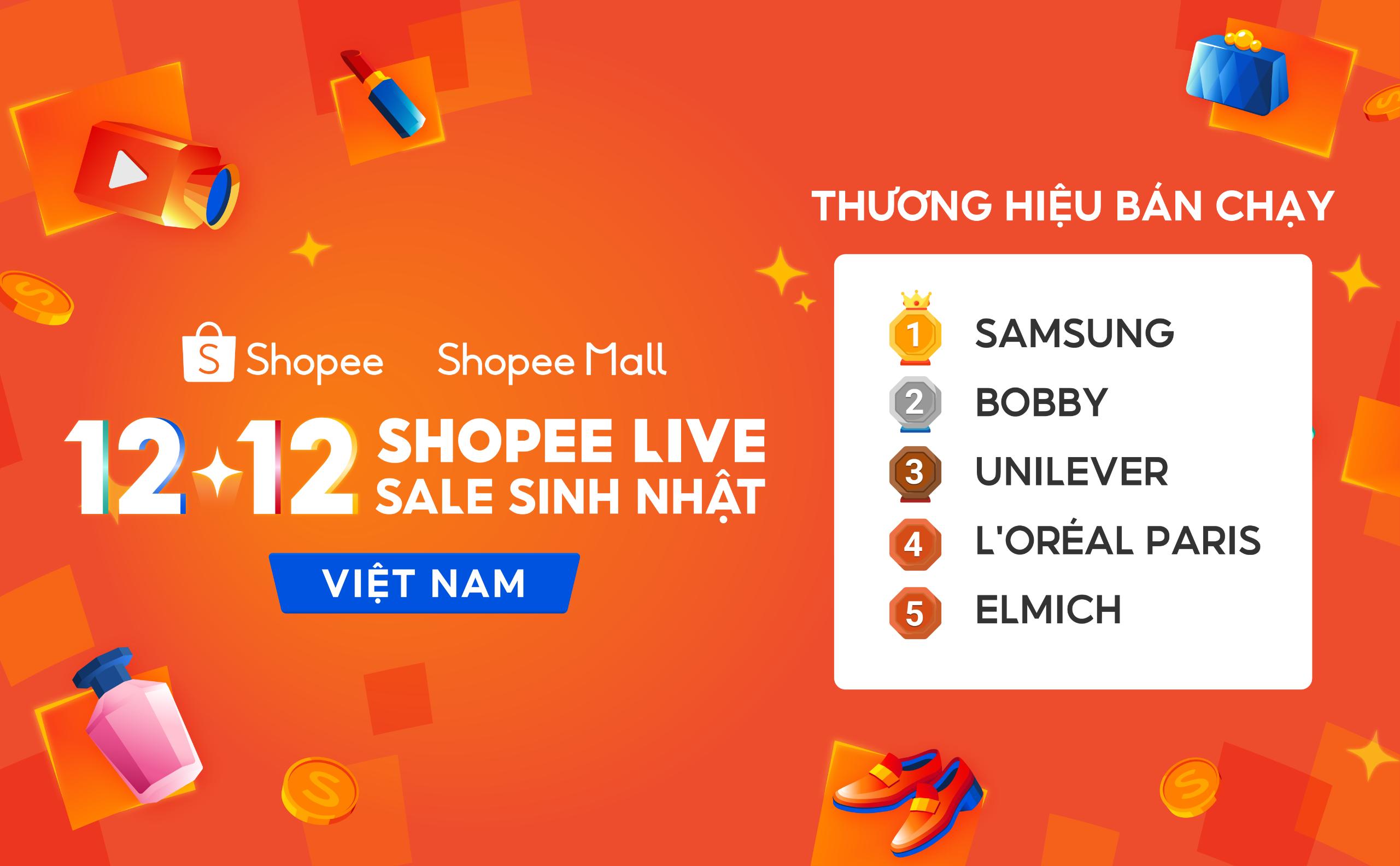 Top thuong hieu ban chay tren Shopee Mall trong su kien 12.12 Shopee lập kỷ lục số sản phẩm bán ra qua livestream tăng gấp 28 lần trong ngày 12.12