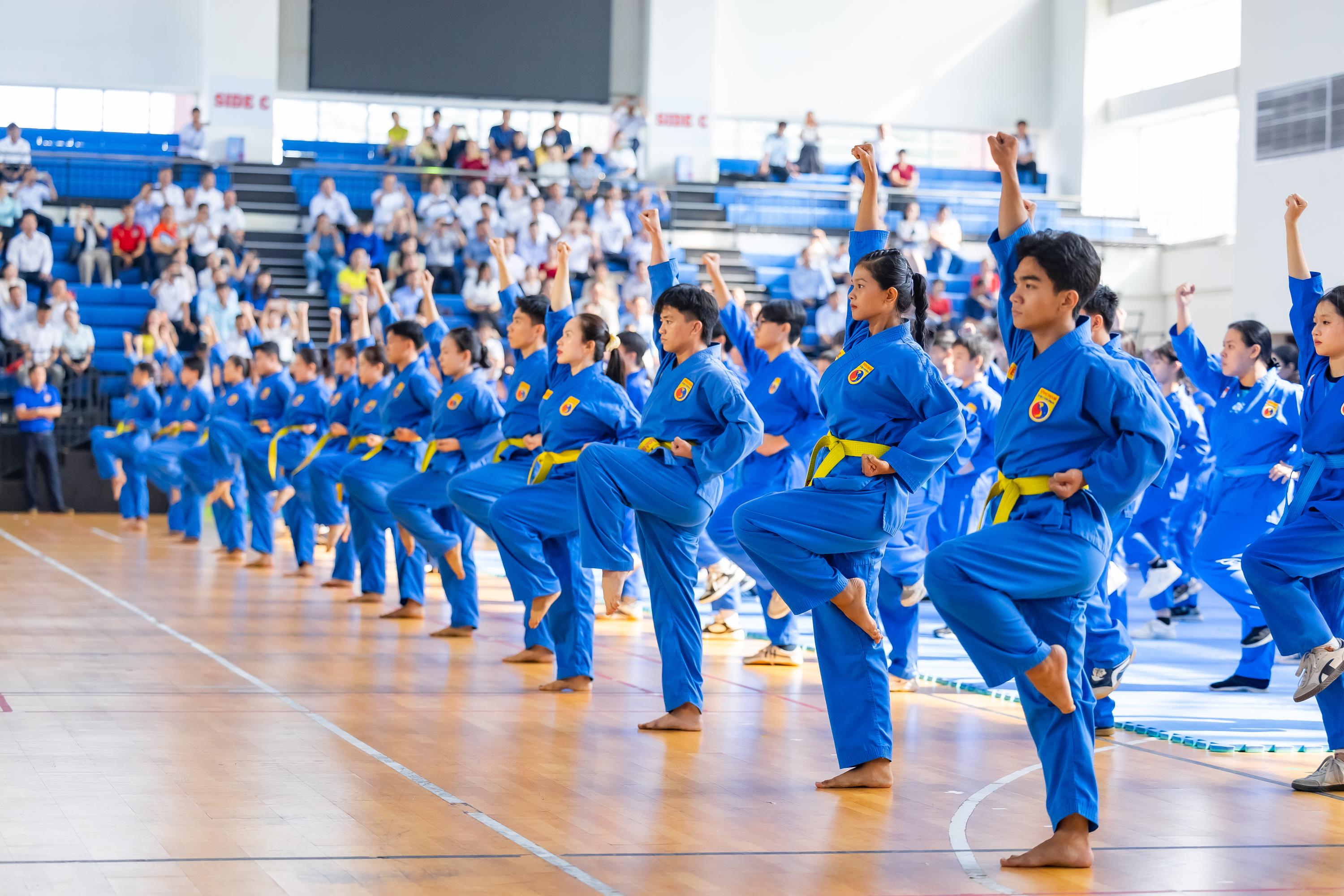 Chương trình đồng diễn Vovinam của 200 em học sinh trường THCS Bàn Cờ và đại diện các vận động viên thuộc Liên đoàn Vovinam Thành phố Hồ Chí Minh 1 Nestlé MILO đồng hành Lễ khai mạc Hội thi TDTT học sinh TP.HCM năm học 2025   2026